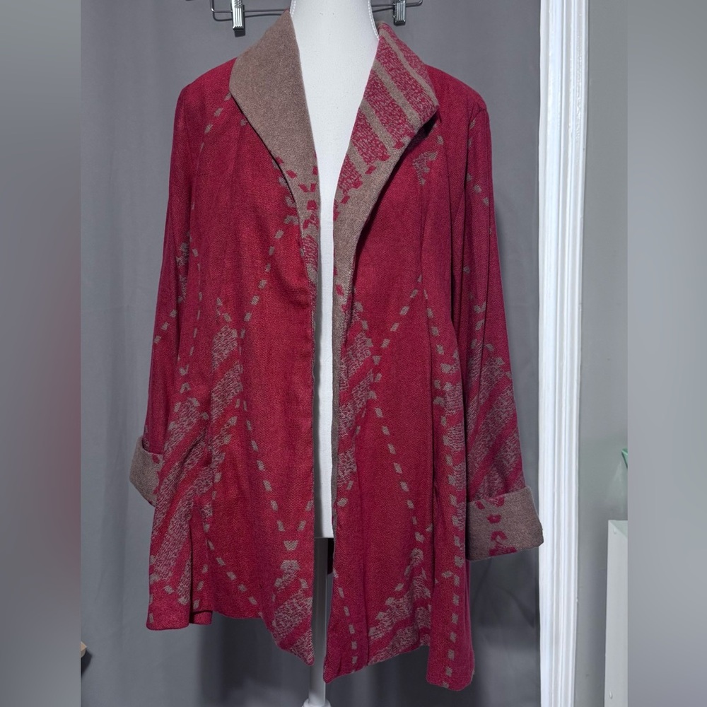 Women’s Yushi Open Front Red Orange Geometric Patterned Sweater Cardigan
